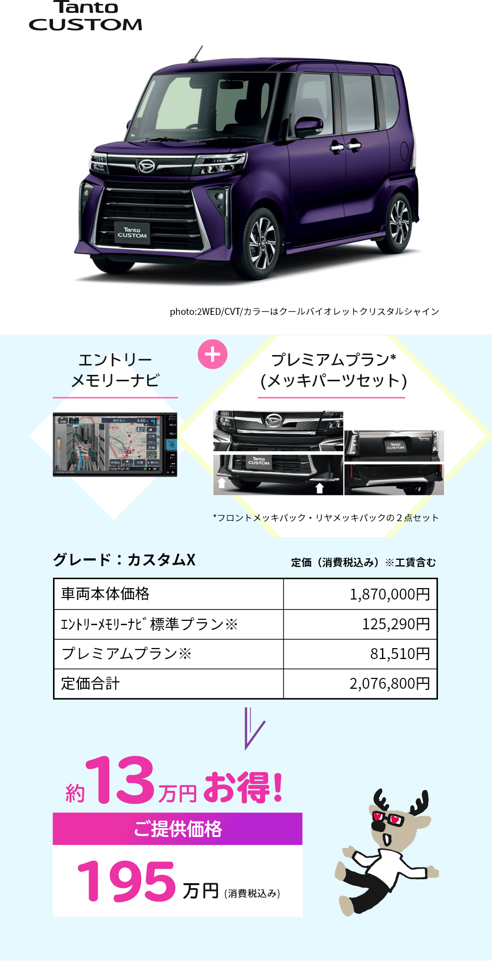 Tanto CUSTOM　エントリーメモリナビ＋プレミアムプラン(メッキパーツセット)　約13万円お得!